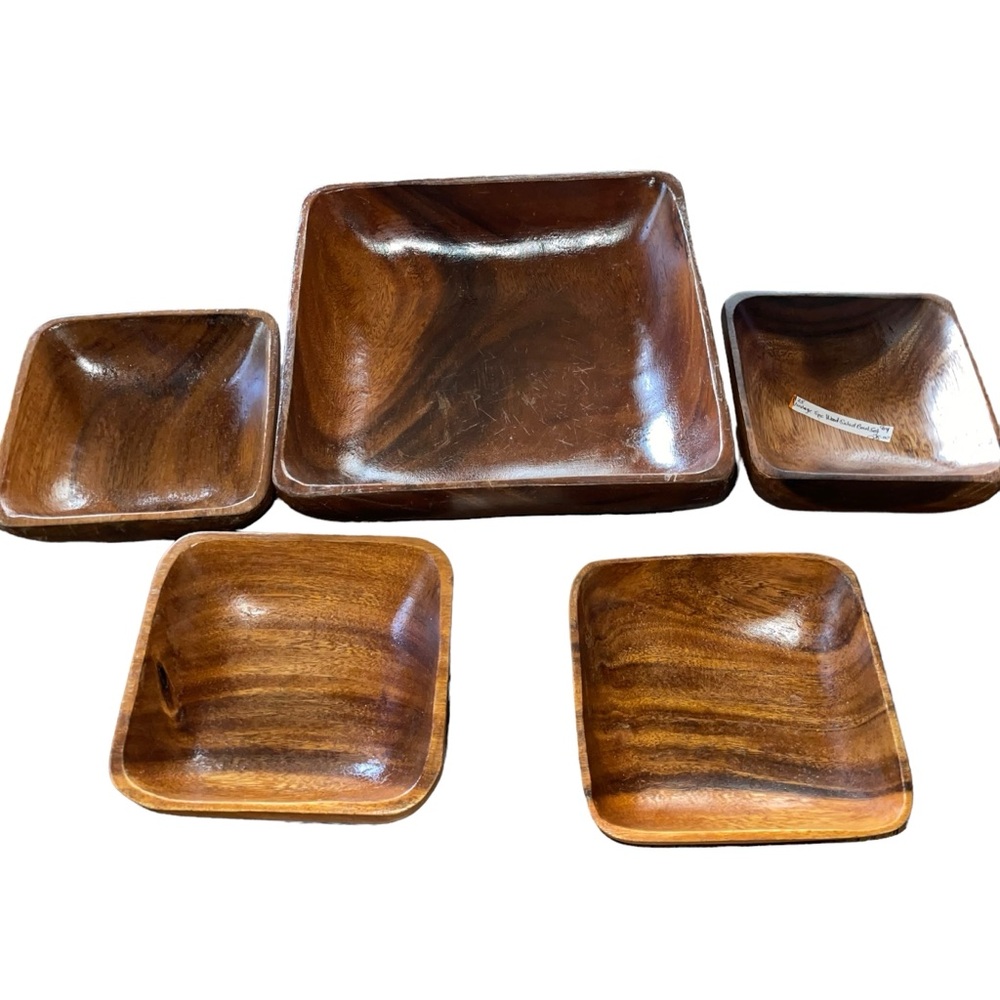 Vintage Wooden Bowls Genuine Teak Set Square 4 Small Bowls 1 Large Serving Bowl